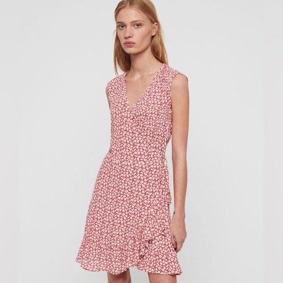 🎀 Allsaints Krystal red and white sleeveless floral print ruffle wrap dress sml - Picture 1 of 15